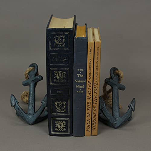 Set of 2 Blue Cast Iron Boat Anchor Bookends: Nautical Home Decor Sculptures Standing 4.75 Inches High, Perfect for Adding Maritime Charm to Your Bookshelves - color: Anchor - Blue