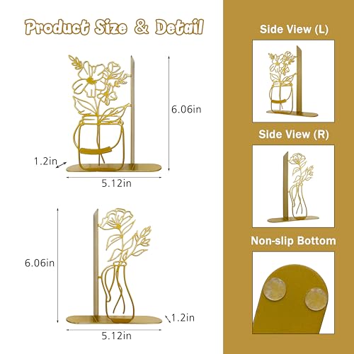 Metal Flower Vase Book Ends, Cute Book Ends for Office Home Decor Decorative Book Ends for Shelves, Ideal Gift for Book Lovers(Gold) - color: Gold