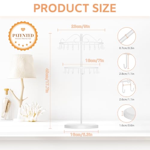 iDavosic.ly 2 Tier Rotating Necklace Holder Organizer with 42 Hooks, Adjustable Metal Bracelet Display Stand Rack, Extra Tall Keychain Spinning Tree Tower for Women, White - color: White