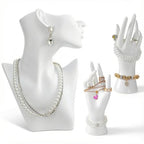 3 Pcs White Jewelry Display Mannequin Set Including Boutique Bust Holder and Hand Models Bracelet Ring Earring Showcase Display Holdor Stand for Boutique and Photography