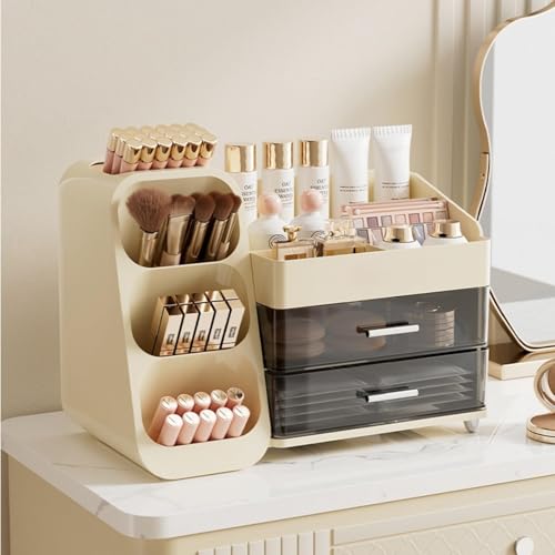 Booklov Makeup Organizer for Vanity, Large Capacity Cosmetic Display Case with Clear Acrylic Drawer, Countertop Beauty Storage Holder for Skincare, Brush Eyeshadow Lipstick Counter Desk, Crystal Cream - color: Crystal Cream, size: L01