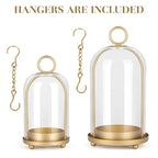 Versatile Metal Candle Holder Set with Handmade Glass Dome,Antique Brass Pillar Candle Stand, 5.2" & 4.1" Wide for Tabletop or Hanging, Industrial & Farmhouse Decor