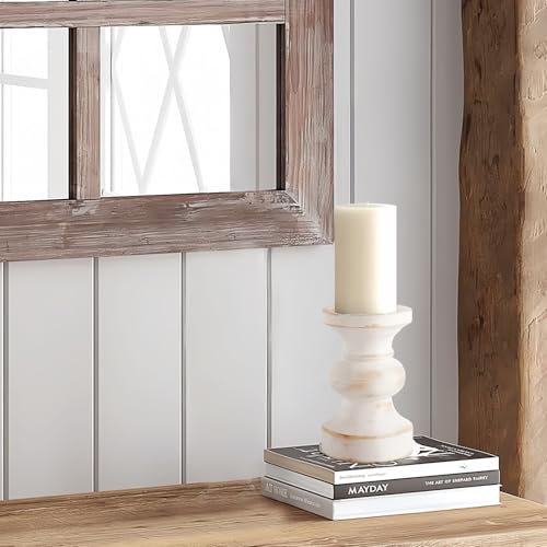 CedarLux Rustic Pillar Candle Holder, 6 Inch White Wooden Candlestick Holders, Farmhouse Candle Stands for Pillar Candle,Decorative Wood Candlestick Holders for Living Room, Table Centerpiece - size: 6"H