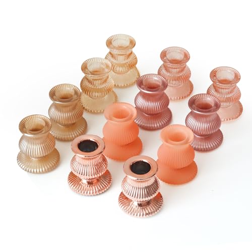 WDHODEC Pink Gold Candlestick Holders 12PCS Glass Taper Candle Holders for Table Centerpiece Colorful Candle Sticks for Spring Wedding, Party and Festival Decoration - color: Pink&gold