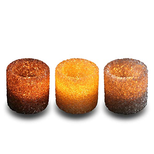 3 Pack Tealight Candle Holders Decorative Colorful Glass Cullet Tea Lights Votive Holders for Home Décor Wedding Halloween Christmas Decorations Table Centerpieces Party Favors Gifts 2.8”(D)x2.8”(H) - color: Light Brown, Brownish Red, Champagne.