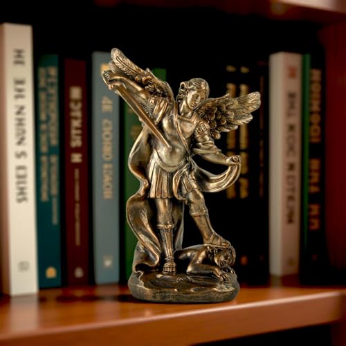 St. Michael The Archangel Statue – Bronze Resin Religious Figurine Depicting Saint Michael Defeating Evil – Christian Catholic Angel Sculpture for Home, Office, and Prayer Decor - size: 3.54 × 1.65 × 5.32 inches