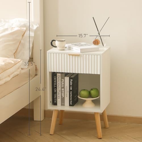 Fultyle White Nightstand, Modern Bedside Table with Drawer and Opening Storage, Fluted End Side Table Living Room with Solid Wood Legs for Bedroom (White) - color: White