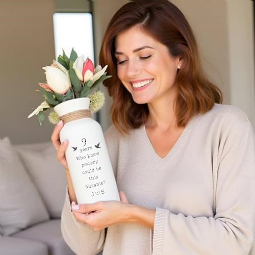 9th Anniversary Pottery Gift for Her Personalized Ceramic Vase White Handcrafted Custom Couple Names Keepsake 9 Years Marriage Wife Husband, Engraved Handmade 3 x 8 Inches