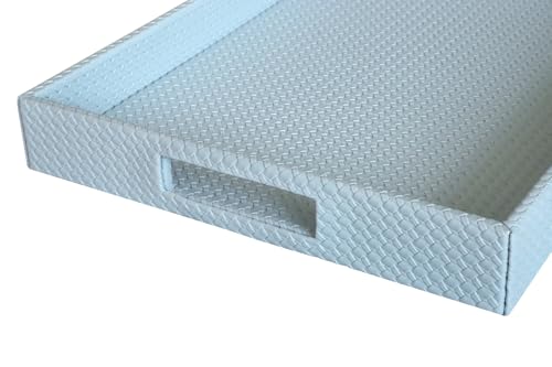 HofferRuffer Rectangle Serving Tray with Hole Handles for Coffee Table, Breakfast, Tea, Food, Butler - Countertop, Kitchen, Vanity Serve Tray, 16.2 x 12.2 x 2 inches, Faux Leather (LightBlue) - color: Lightblue, size: 16.2" x 12.2" x 2"