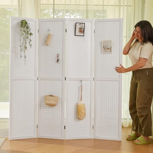 Room Divider Freestanding Folding Pegboard Privacy Screen 4-Panel Display Stand for Jewelry Craft Shows Retail Natural Wood Portable Space-Saving - color: Salt White, size: 4 Panels