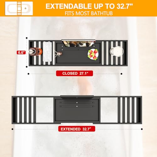 Bathtub Tray Black - Bath Tray Expandable - Bath Table Trays for Bathtub/Tub,Premium Bamboo Wooden, Fits Most Bath Tubs - color: Dark Black
