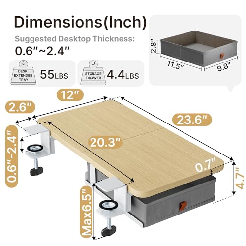 PEGZONE Desk Extender Tray, 24" x 12" Clamp On Desk Shelf, Desk Extension with Storage Drawer, Table Desk Arm Rest, Clamp On Keyboard Tray for Office and Home, Workstation Organizer, Medium, Wood - size: 24 x 12 inch, style: Wood with drawer