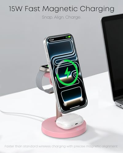 3 in 1 Magnetic Wireless Charging Station, 15W Fast Charger Stand for iPhone, Phone Charger Stand for Desk Nightstand, for iPhone 17/16/15/14/13/12, Apple Watch & AirPods, Adapter Not Included -Pink - color: Pink
