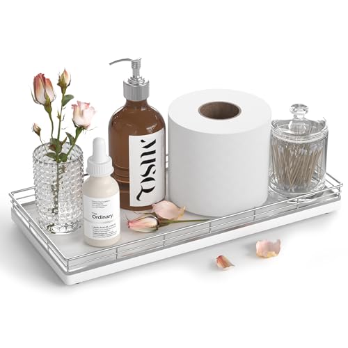 Oak Bathroom Toilet Tank Tray, 13" Wood Back of Toilet Paper Basket Tank Topper Storage, Vanity Tray for Perfume Makeup Candle Toiletry Organizer for Kitchen Coffee Table Silver Tray Decor - color: Silver, size: 13" x 6.5" x 1.5"
