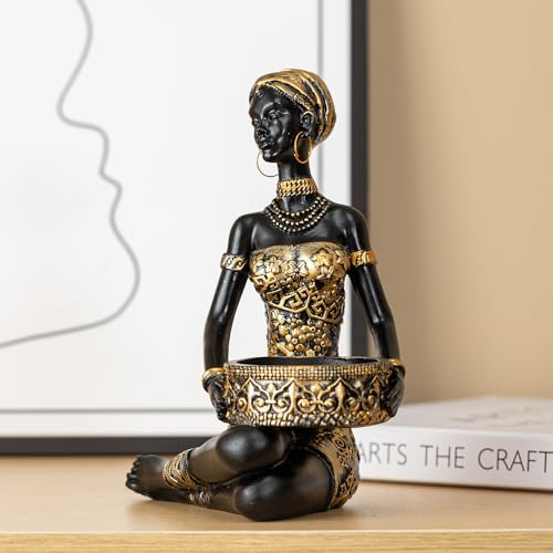 African Sitting Woman Handled Tray Resin Statue Tribal Art Figurine, Multi-Purpose Decorative Bowl Candy Dish Key Holder Jewelry Vanity Tray, Unique Housewarming Gift for Living Room Entryway Office