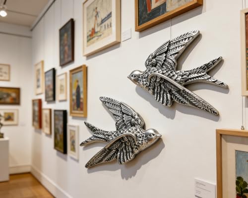 AMOIENSIS Bird Wall Sculpture Art, (Set of 2) 4¾ inch Resin Metallic Silver Bird 3D Sculpted Floating Hanging Wall Sculpture Decoration - color: Metallic Silver