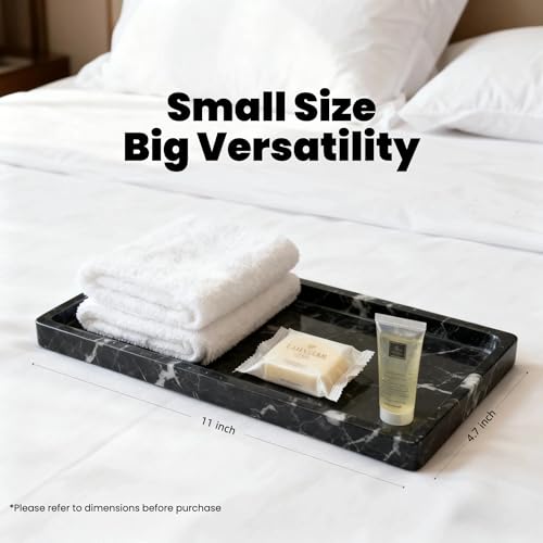 WeDoDecor Luxury Real Black Marble Bathroom Small Tray Vanity Decorative Rectangular Stone Tray for Countertops Dresser Guest Towels Holder Makeup Cologne Organizer for Toilet Tank Bathroom Accessory