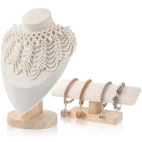 AceOrbit 2 Pcs Jewelry Display Stand Set Velvet Jewelry Bust Display Stand and T Bar Bracelet Holder for Necklaces Bracelets Chains Retail Boutique Shops Selling(Beige)