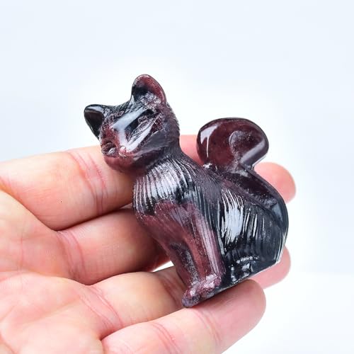 Natural Garnet Crystal Cat Statue 2.4 Inch - Handmade Healing Sculpture, Lucky Guardian Pocket Statue for Reiki Meditation, Office & Home Decoration Gift - color: Garnet