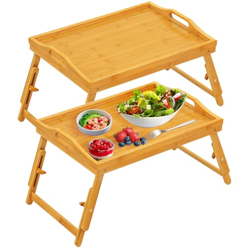 Bed Tray Table Set of 2, Bamboo Breakfast Trays with Folding Legs and Handles, Snack and Eating Lap Table, Natural Wood Color Serving Tray for Kitchen, Sofa or Bed Use - style: 2 pack(Adjustable feet)