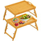 Bed Tray Table Set of 2, Bamboo Breakfast Trays with Folding Legs and Handles, Snack and Eating Lap Table, Natural Wood Color Serving Tray for Kitchen, Sofa or Bed Use - style: 2 pack(Adjustable feet)
