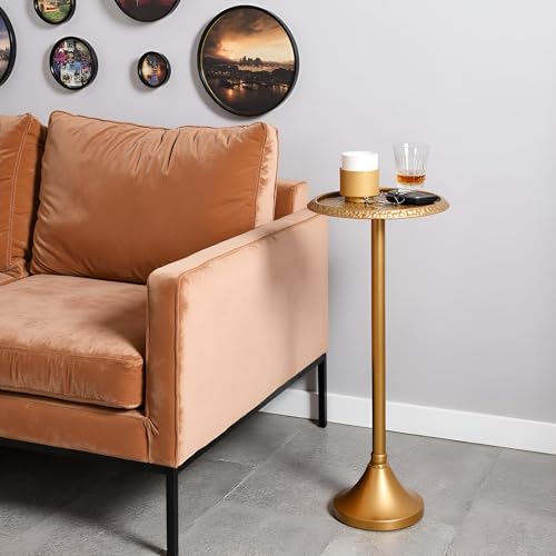 SwallowLiving Antique Gold Drink Table – Hammered Metal Side Table for Small Spaces – Round Pedestal End Stand for Living Room, Bedroom, Office & Apartment Corner – Weighted Base, 23 Inch Tall - color: Hammered Brass Gold