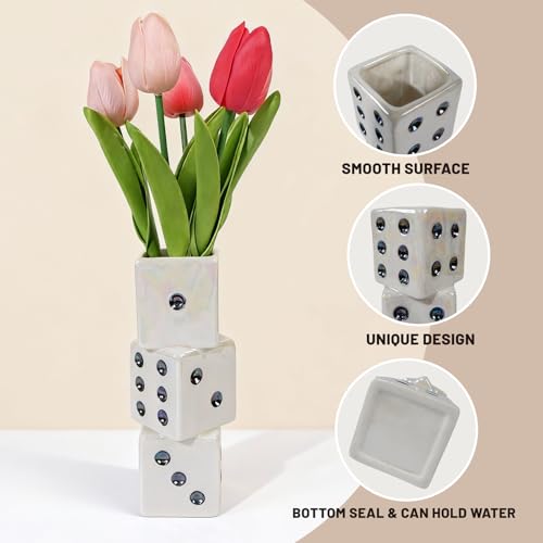 Tnstbiee Modern Ceramic Dice Vase - Small Unique Decorative Vase for Dried Flowers, Roses and Pampas Grass | Ideal Centerpiece for Living Room, Coffee Table - Single Stem Bud Vase Gift for Home Decor - color: White Dice Vase