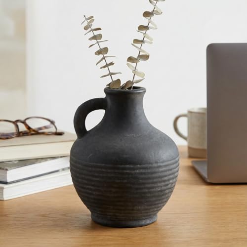 Black Ceramic Vase, Rustic Farmhouse Vase with Handle, 6 inch Terracotta Clay Small Vases, Centerpieces for Dining Table, Living Room, Bedroom, Entryway, Shelf Decor - color: Rustic Black - 6, size: 6 Inch