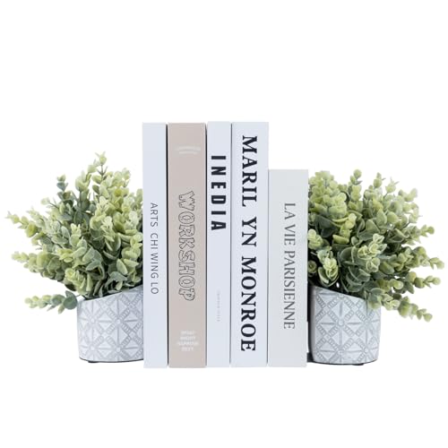 MyGift L-Shaped Decorative Bookends with Artificial Eucalyptus Plant Potted in Modern Geometric Embossed Gray Concrete Pot, Book Ends for Shelf Desk Nook Decor, 1 Pair - color: Artificial Eucalyptus