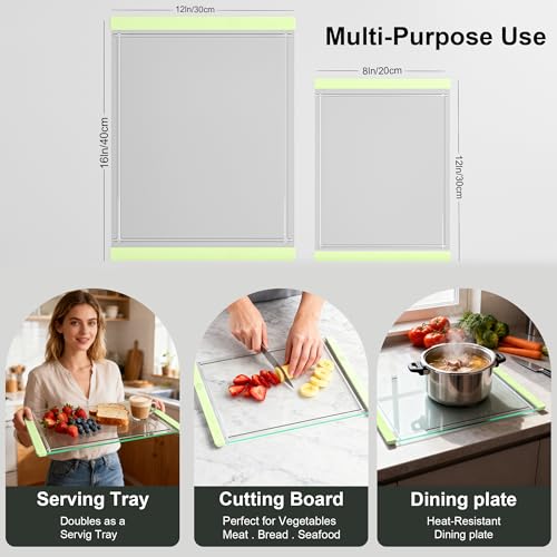 Tempered Glass Cutting Board Set for Kitchen Counter - Dishwasher Safe with Juice Grooves, Non-Slip Silicone Edges & Beveled Grip - 16"x12" & 12"x8" Serving Tray (Green) - color: Green