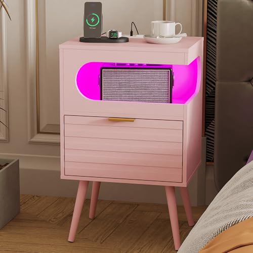 Veegle Nightstand,Modern Bedside Table with Storage Drawer and Open Wood Shelf, Accent Night Stand with Solid Wood Legs for Living Room, Bedroom and Small Spaces,Easy Assembly (Pink) - color: Pink