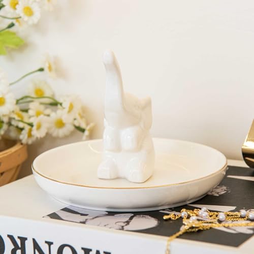 Elephant Ring Holder Dish, Ceramic Jewelry Tray Trinket Dish for Necklace Keychain Organizer, Cute Funny Birthday Wedding Mothers Day Gift for Women Friends Girls - style: White Elephant