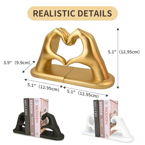 Gold Decorative Bookends for Shelves, Heart Hands Book Ends Sculpture Aesthetic Decor for Bedroom Living Room Merch Apartment Bookshelf Birthday Women Decorations Stuff Aesthetic - color: Gold