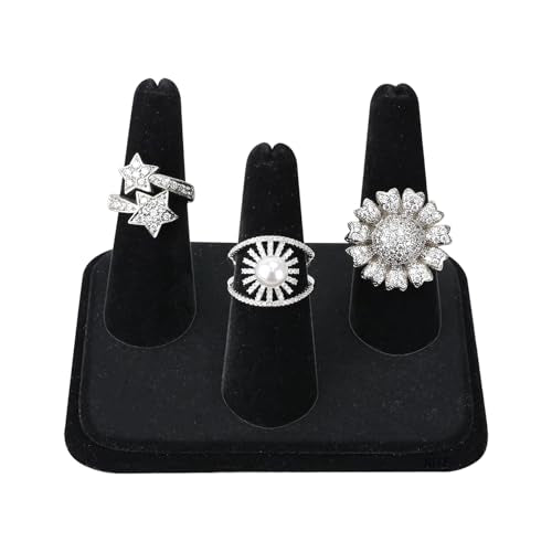 MOOCA 2 Pcs Set 3-Ring Organizer for Showcase Display Ring Finger Holder Jewelry Display Stands Showcase Jewelry Storage Counter, Black Velvet, 4 W x 3 1/4D x 2 3/8H inch - color: Black Velvet, 3 Rings x 2
