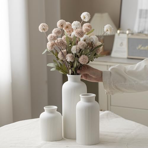 Large Modern Ceramic Vase Set, White Ribbed Matte Design, 3-Piece Decorative Vases for Home, Living Room, Office (XL White) - color: XL White