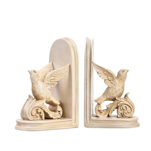 2PCS Vintage Bookends White Bird Decorative Bookends Resin Bookends for Rooms Decorative Book Ends for Heavy Books Antique Bookend (Retro White Bird) - color: Retro White