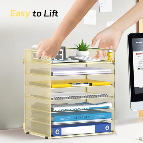 7 Tier Paper Organizer - Mesh Desktop File Holder with Handles for Office School Desk (Gold) - color: Gold
