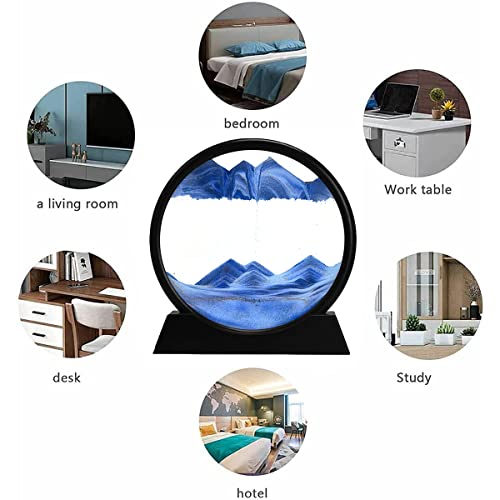 rysnwsu 3D Dynamic Sand Art Liquid Motion, Moving Sand Art Picture Round Glass 3D Deep Sea Sandscape in Motion Display Flowing Sand Painting Relaxing Desk Toys (Blue, 12'') - color: Blue, size: 12''