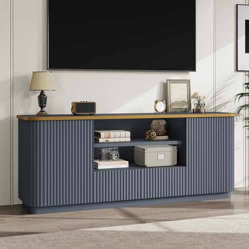 QUW 70" Fluted TV Stand for TVs Up to 80", Modern Entertainment Center with 2 Drawers & Cabinets, TV Console with Curved Profile Design, Luxury Wooden Media Console for Living Room, Navy Blue - color: Navy Blue