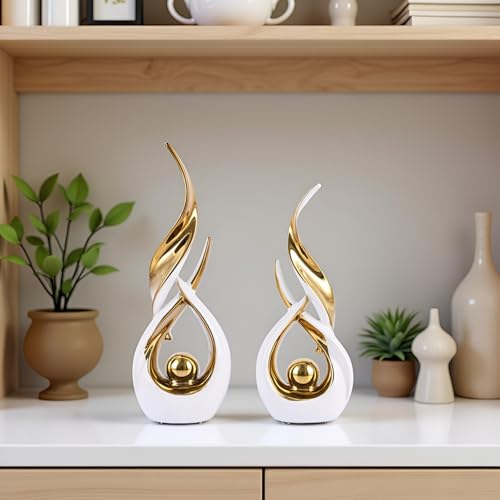 Gold Ceramic Abstract 2 Piece Statue Set,Mid Century Modern Abstract Art Home Decor Statue Mantelpiece on Unique Shelf Decor, TV Cabinet Divider Table top and Dining Table Centerpiece (White Gold) - color: White Gold