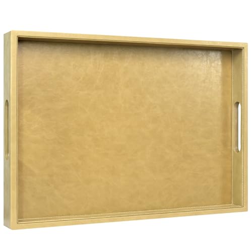 20 * 14 inches Leather Rectangle Serving Tray with Hole Handles,High-End Light Large Service Tray for Ottoman Tray, Tea, Food, Butler - Countertop, Kitchen,Family Dinner, Picnic (Brown) - color: Brown, size: 20" x 14" x 2"