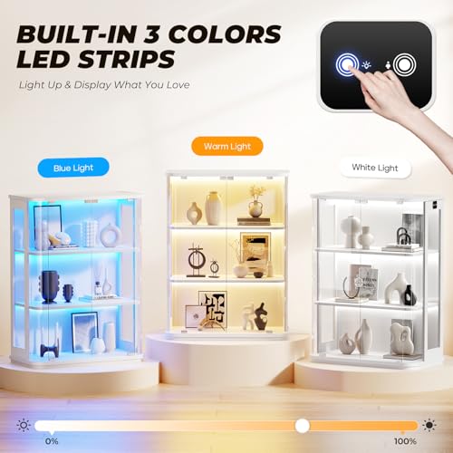 BROTTAR Rounded Display Cabinet with Glass Door, 3-Tier Curio Cabinet with 3 Color Lights for Collectibles, Glass Display Case with Transparent Full-Display Surface, Human Body Sensor, White - color: White