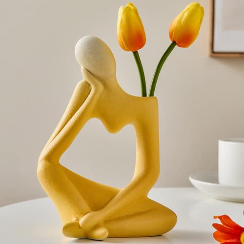 Arawat Ceramic Thinker Vase Yellow Flower Vase for Home Decor Modern Cute Boho Vases for Table Room Decor Unique Aesthetic Vase Ceramic Decorative Face Vases for Centerpieces Birthday Gifts for Women - color: Yellow Ceramic Flower Vase for Home Decor