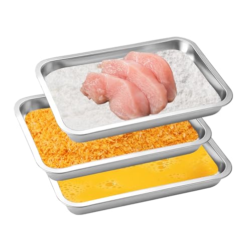 Breading Trays Set of 3 Stainless Steel Breading Pans for Dredging Chicken Breasts and Marinating Meat, Food Prep Serving Trays (12.4" x 8.5" x 1.9") - size: 12.4" x 8.5" x 1.9"