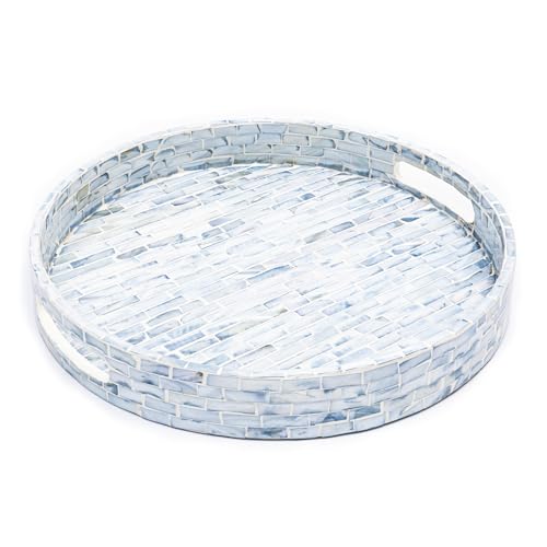 CLAYNIX Serving Tray 12.5 Inch Round, Wooden Lacquer Tray with Mother of Pearl Inlay, Elegant Tea & Breakfast Tray with Handles (Round)