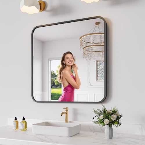 Koonmi Bathroom Mirror, 30X30 Inch Black Metal Framed Mirror for Bathroom, Tempered Glass, Anti-Rust, Rounded Rectangle Mirror for Restroom, Bedroom, Black - color: Rounded Edged, size: 30"L x 30"W