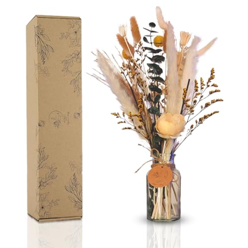 Homey Breeze Natural Dried Pampas Grass Decor with Vase - 15 Inches 23 Pcs 10 Styles, Pampas Grass with Vase Included - Small Pampas Grass for Home Decor, Wedding, Party, Birthday