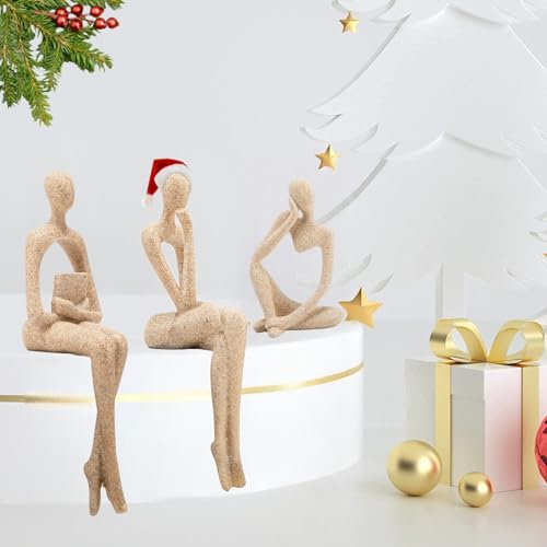 Gold Home Decor Thinker Statue Accents, Set of 3 Thinker Sculptures Office Decor Modern Abstract Resin Decoration on Shelf Table Desk for Living Room Office Bedroom Bookshelf Decor (Large Sandstone) - color: Sandstone, size: Large