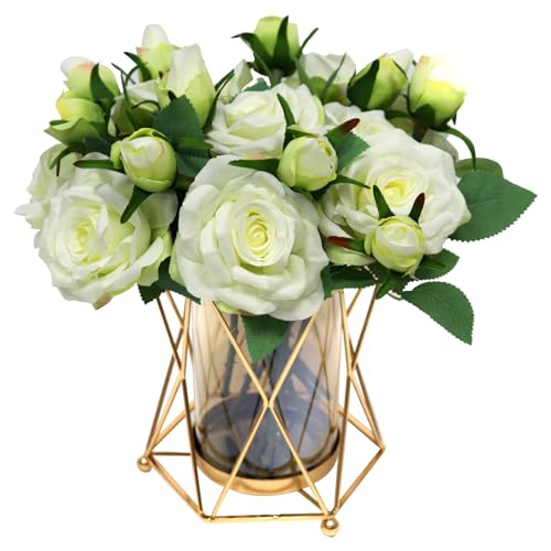 Faux Flowers with Vase, Silk Roses Bouquet Artificial Flowers in Vase, Fake Flowers Floral Arrangement for Home Decor Indoor, Table Centerpieces Flowers Decoration for Farmhouse (White) - color: White