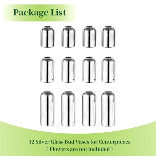 Glass Bud Vases for Centerpieces Silver - Hewory 12pcs Blown Modern Cylinder Small Glass Vases, Mini Bulk Single Flower Vase for Wedding Party Event Home Decor Floral Arrangement (Not Include Flowers)